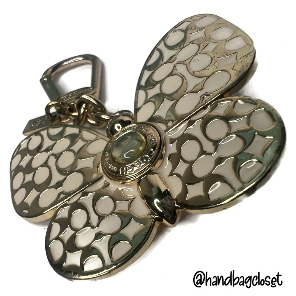 Coach Butterfly White and Gold Enamel Metal Keychain Fob Charm Rare